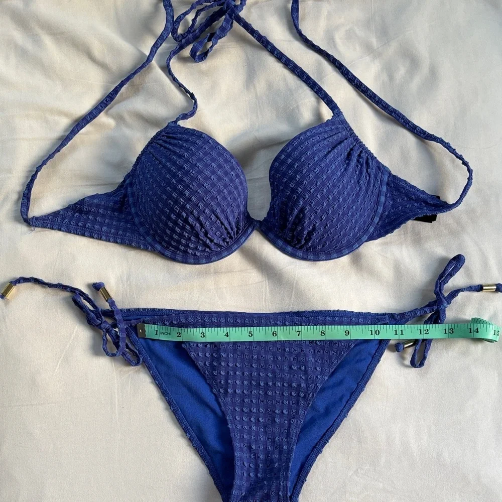 Blue Textured String Bikini Set - Picture 9 of 11